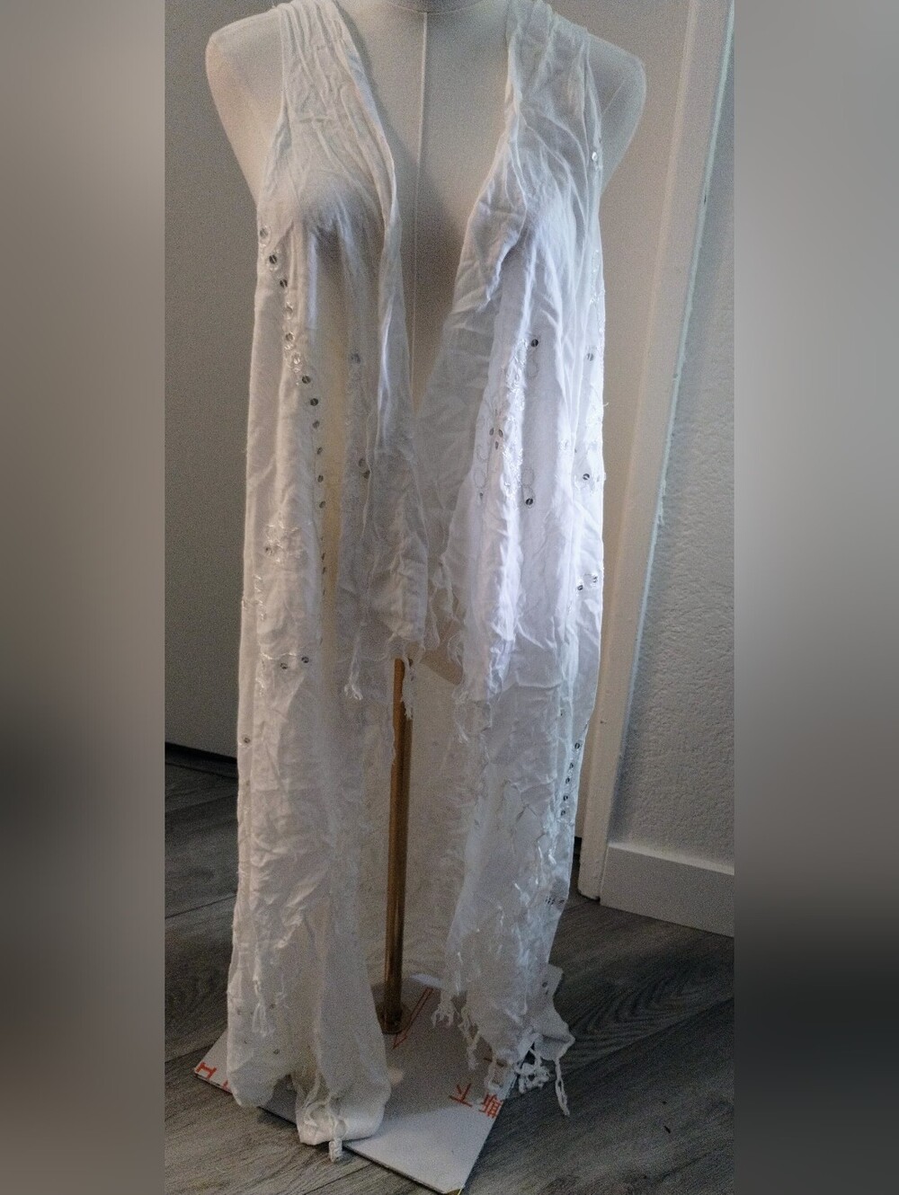 White Sheer Embellished Shawl Scarf Bathing Suit Cover Up